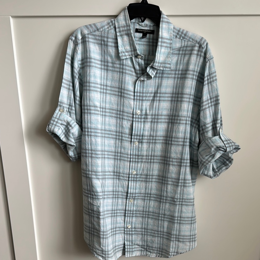 Banana Republic Linen/Cotton Blend Plaid Men's Shirt, Large
